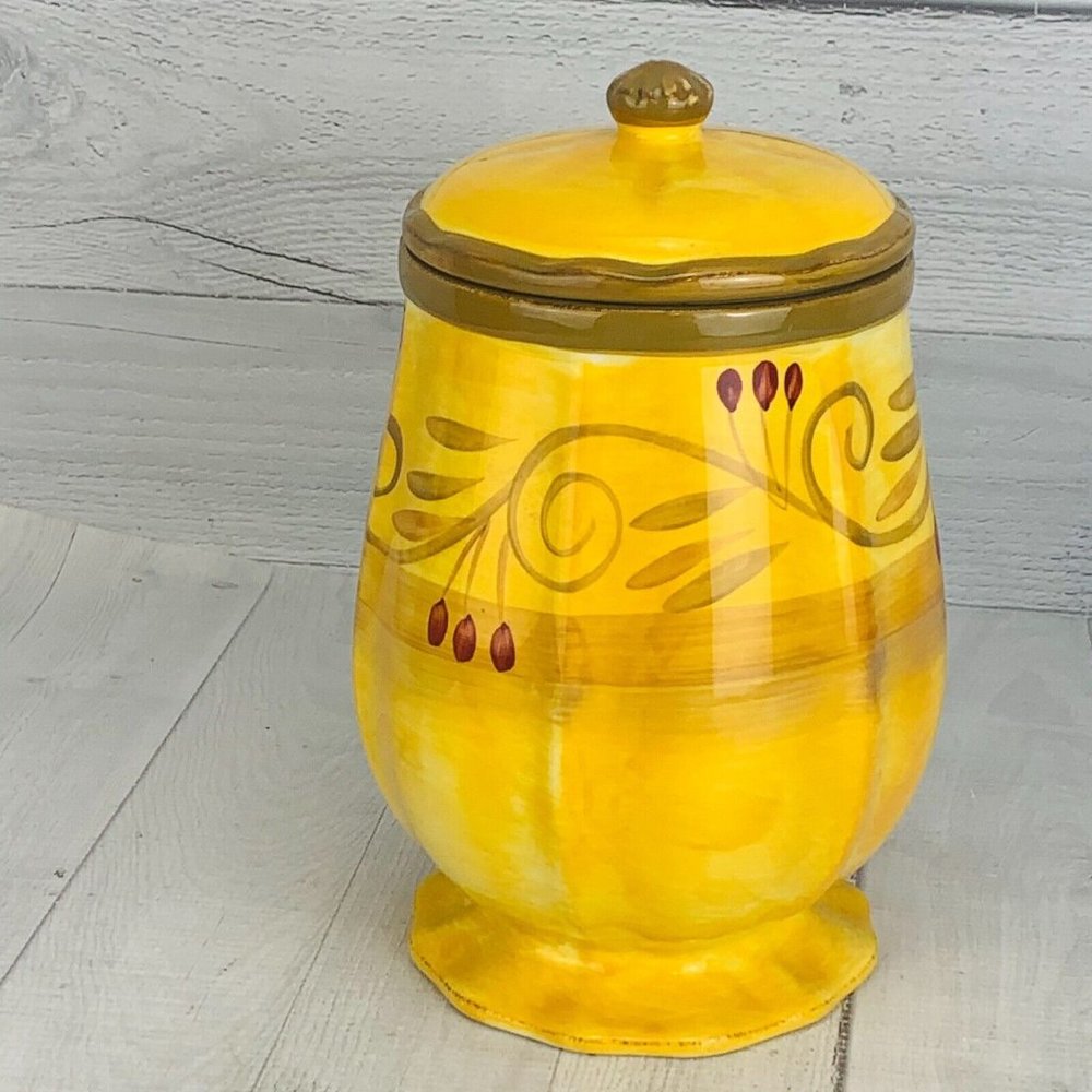Gibson Verdona HERITAGE PARK Green Scroll Yellow Stoneware 11" Lidded Canister - Picture 4 of 10